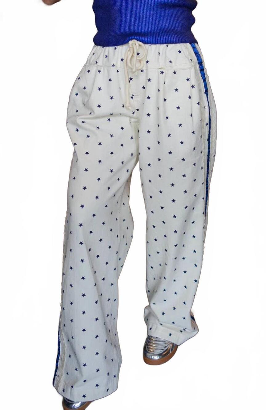 NEW VEVERET starry stripe wide leg pants in white/blue